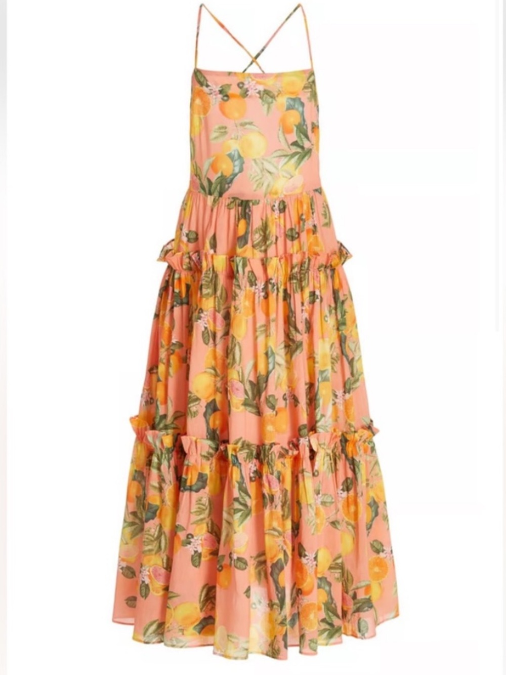 Cara Cara Coral Pink Orange Citrus and Floral Tiered Midi Dress
